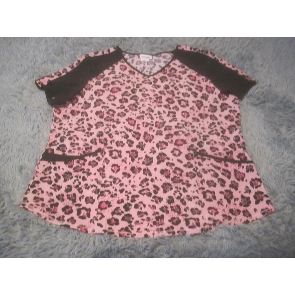 Scrubstar Scrub Top Womens 2XL Pink Leopard Print V Neck Short Sleeve Pockets